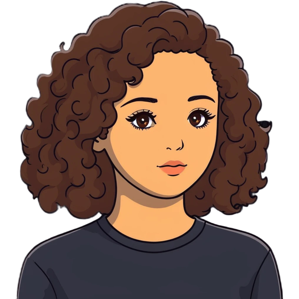 20-year-old woman with long curly brown hair, small hazel eyes, long eyelashes emoji