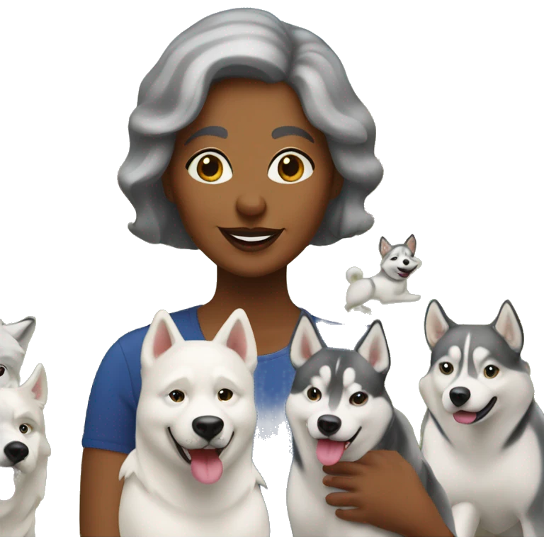 50 years old girl with 3 huskies in the park  emoji