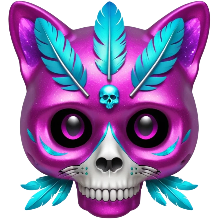Glittery magenta hollow cat-skull with cyan feathers emoji
