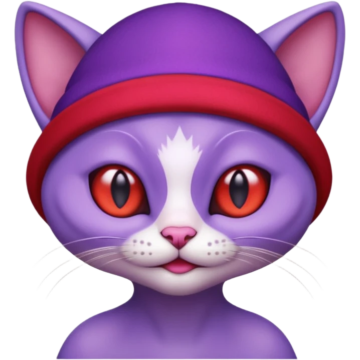 purple alien cat with no fur and red hat emoji