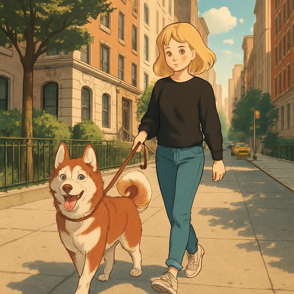 Cute Blonde woman wearing a black sweater and jeans and white sneakers walking a happy red-brown blue-eyed Siberian husky in New York City on an upper east side city sidewalk  emoji