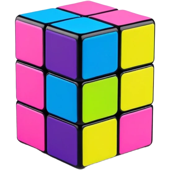 A 3x3 Rubik's Cube with bright 90s American colors, neon pink, electric blue, neon green, vibrant yellow, and purple, minimalist design emoji