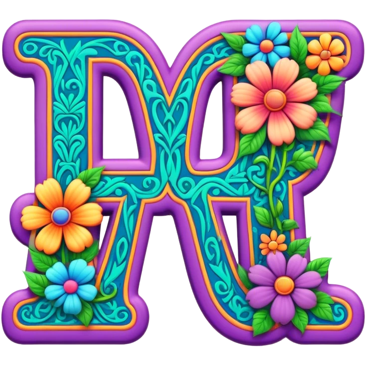 3D, gothic style psychedelic colored Letters, word Gwynn with hippie style flower border emoji