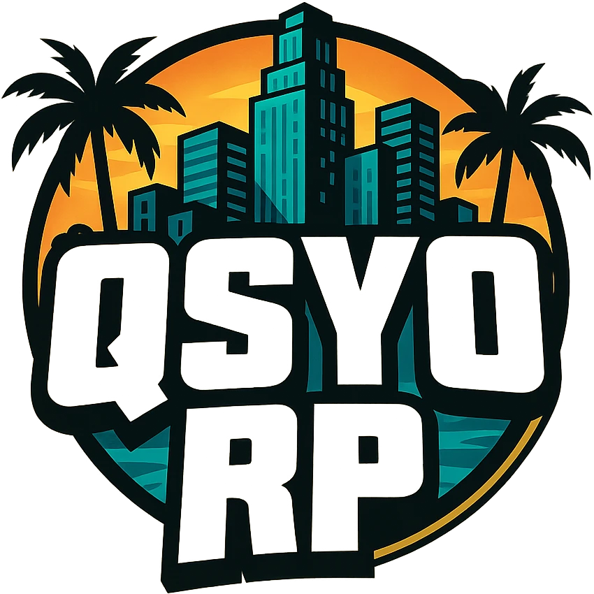 logo for GTA V roleplay server with the text 'QSYO RP', inspired by Grand Theft Auto V style, bold, urban, dynamic, with a cityscape or palm trees, vibrant colors, modern gaming vibe emoji