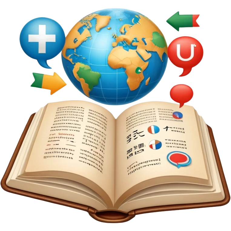 An icon featuring an open book with speech bubbles showing different alphabets—Latin, Cyrillic, Kanji. A globe and translation arrows symbolize global communication and language learning. Transparent background highlights cultural exchange and linguistic diversity. emoji
