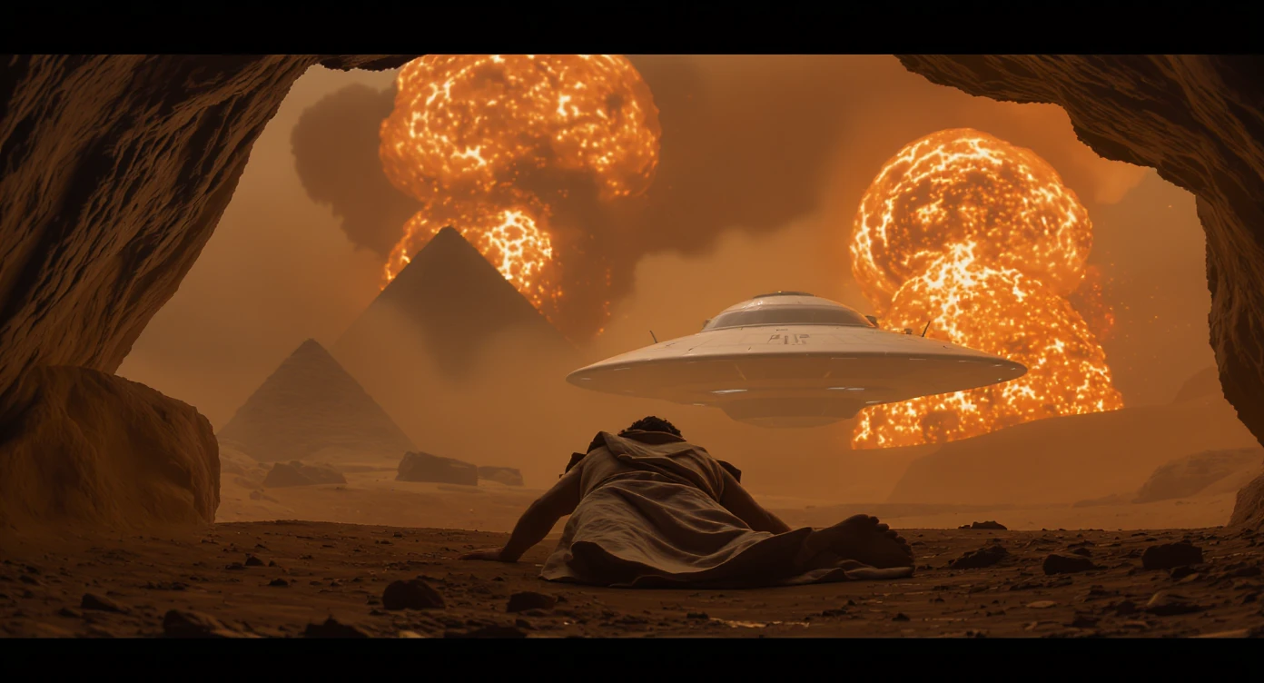 cinematic still, documentary photography, acient egypt, back shot of a man dress in ancient clothes in cave (frame in frame effect) on ground laying front of small ufo starship, explosions, palms, dynamic scane, leading lines, captured by arri alexa, depth layers, piramids in babckground emoji