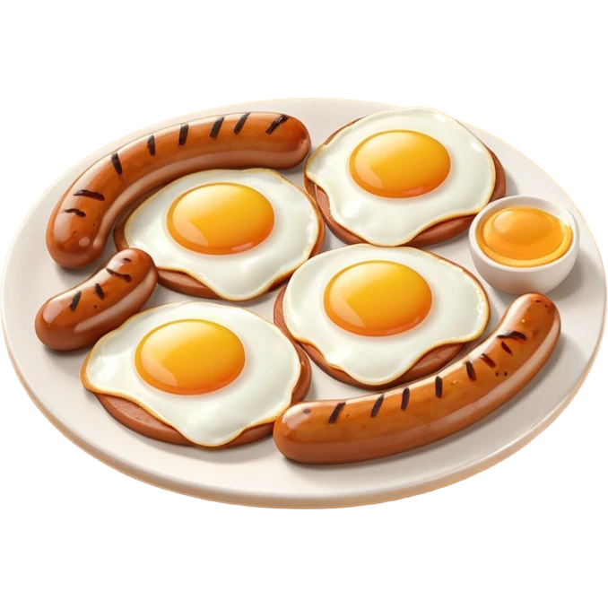 sausage and eggs object icon, fried eggs with sunny yolks, grilled sausages, warm breakfast vibe, delicious food presentation, 3D cartoon style, mobile game icon style, centered, clean background, no text, no watermark
 emoji