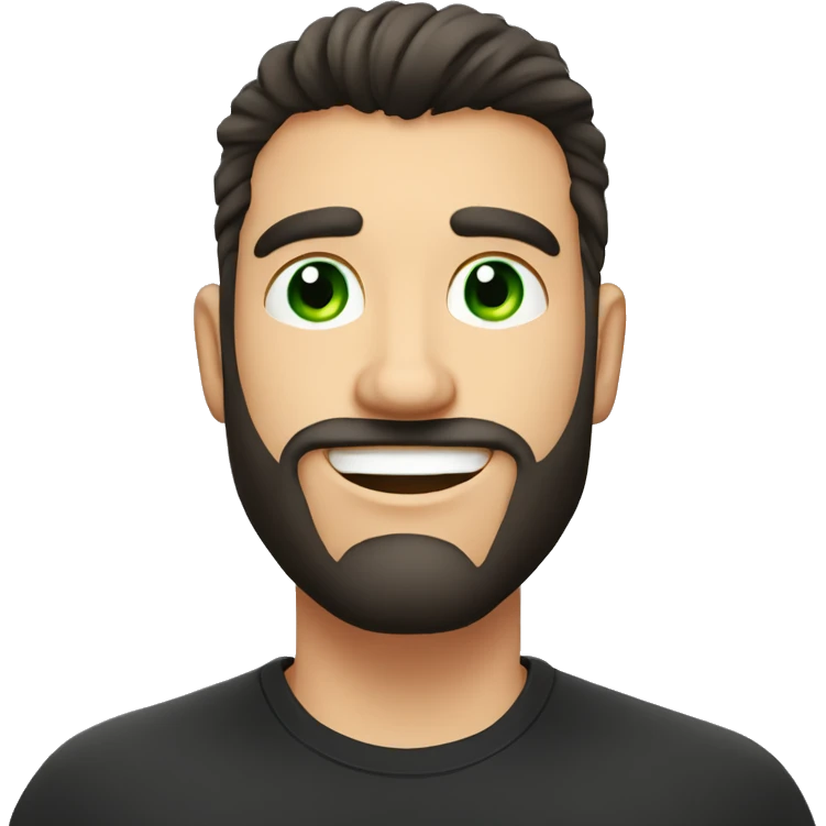 Handsome man with dark hair, gradient short hair on the side, green eyes. Big smile and thin face. Black t-shirt. A little beard. Emoji bubble next to his mouth to indicate he talking emoji