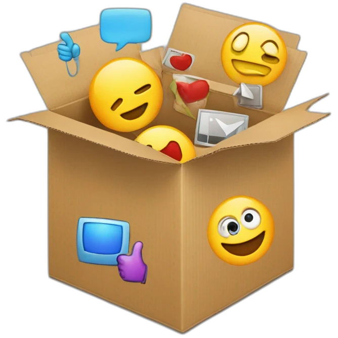 Video icons, camera, logos, likes, thumbs up, marks, views, coverage, applause fly out of a Cardboard box emoji