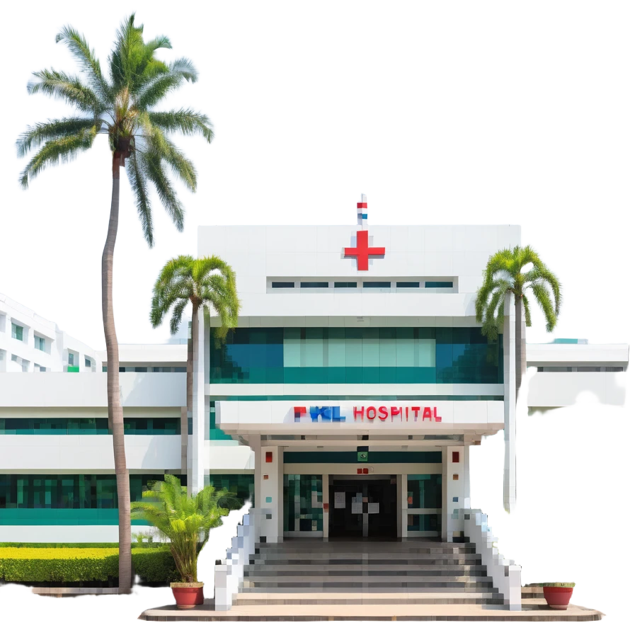 Bangkok hospital with tropical palm trees and Thai style entrance emoji