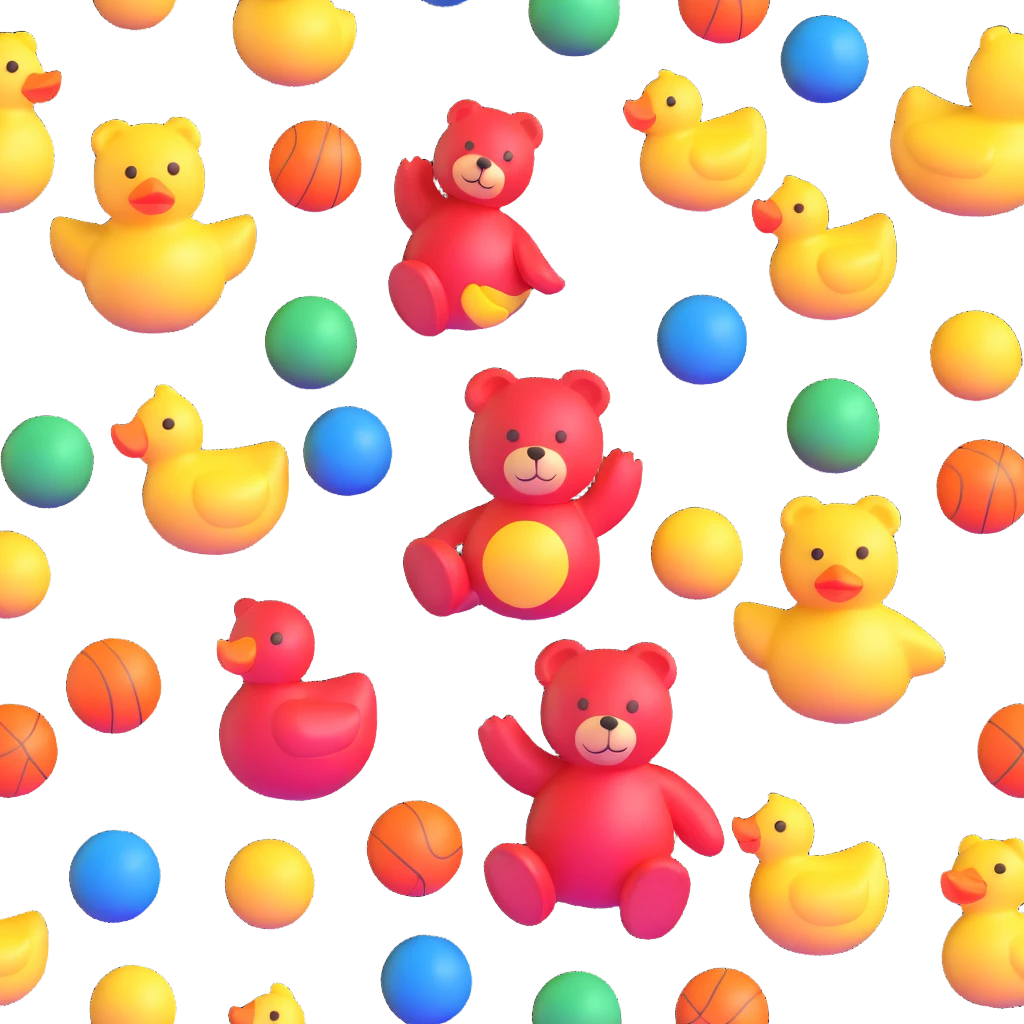 colorful scattered toys - teddy bear, rubber duck, blocks, ball, superhero figures emoji