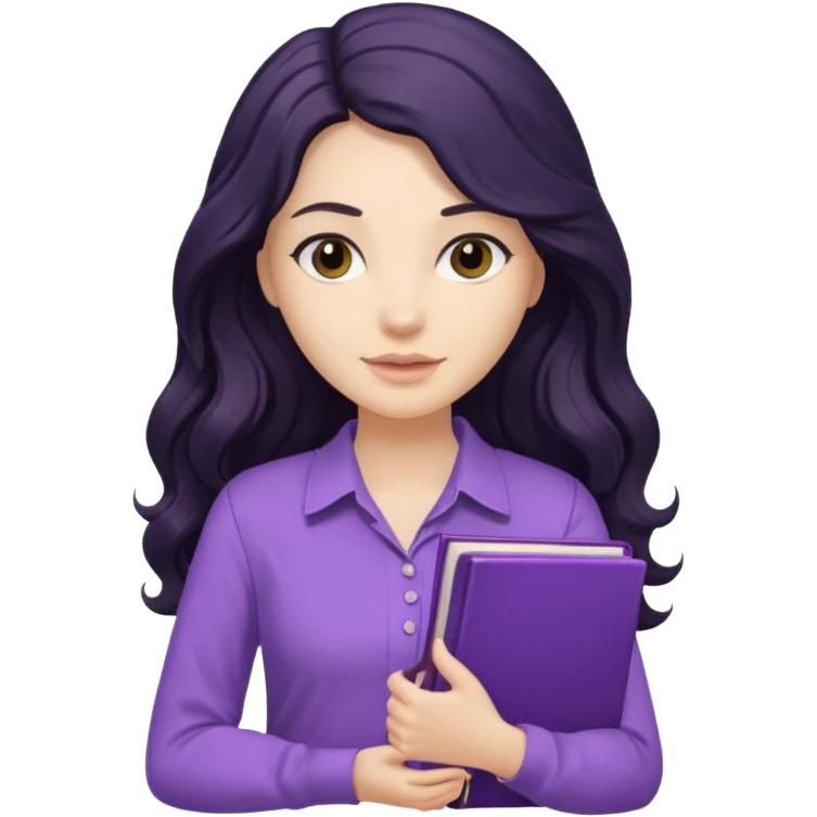 Long Hair Women with Black wavy hair, with purple Book, beige shir, without background emoji