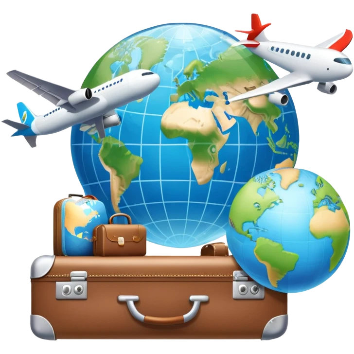 An icon featuring a suitcase, a hotel building, and one globe, symbolizing tourism and hospitality. The design includes a plane and a map, representing travel and accommodation services. Transparent background highlights the global nature of tourism and the hospitality industry. emoji