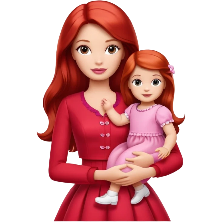 A barbie girl with makeup with brown hair long with a baby, a daughter, a girl with red hair, holding her hand in red clothes emoji