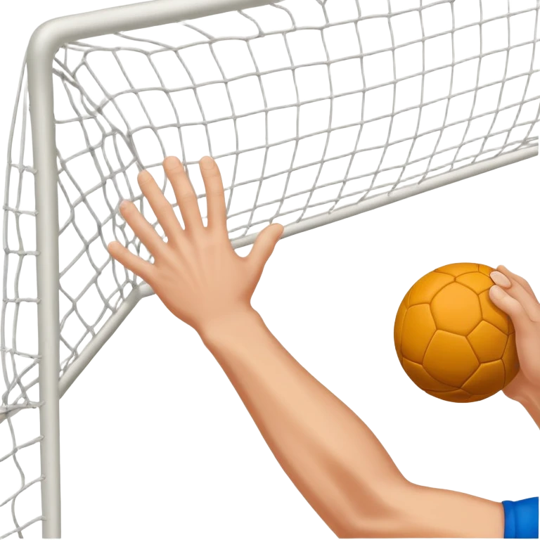 A close-up of a hand gripping a handball, with the handball gates visible in the background. The focus is on the texture of the ball and the strength of the grip, with the goal net slightly blurred to emphasize the anticipation of the throw. emoji
