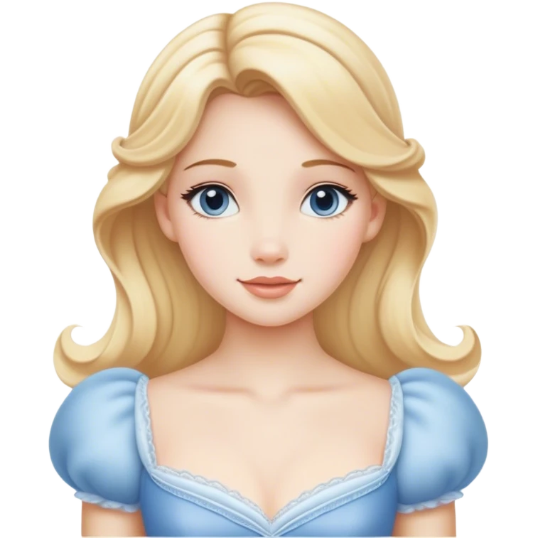 Cinematic Serene Cinderella Portrait Emoji, rendered in a realistic, vector-style with minimal shading. Depict a gentle Cinderella (chest and above) with porcelain skin, smooth blonde hair falling in soft waves, and calm, inviting eyes. Dressed in her modest daytime dress, she exudes quiet grace and pure enchantment, highlighted by a soft glowing outline. emoji