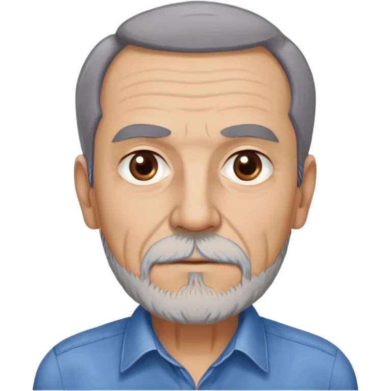 Older slim Hispanic man in his 60s with light skin. Thinner face with pronounced features. Expressive brown eyes, thick eyebrows showing age. Short brown hair with significant receding hairline. Scraggly brown beard with gray patches. Wearing a blue button-up shirt on his lean frame. emoji