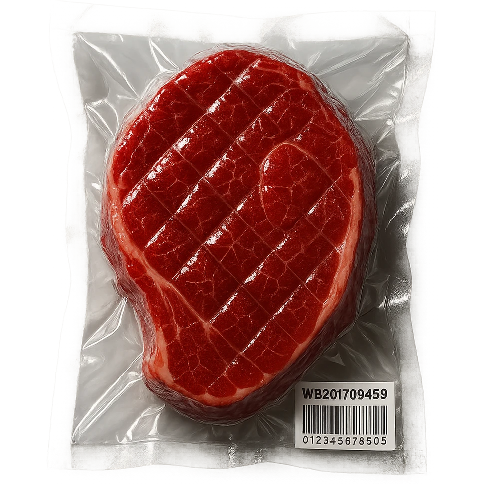 diamond-textured meat steak, shiny and inflated emoji