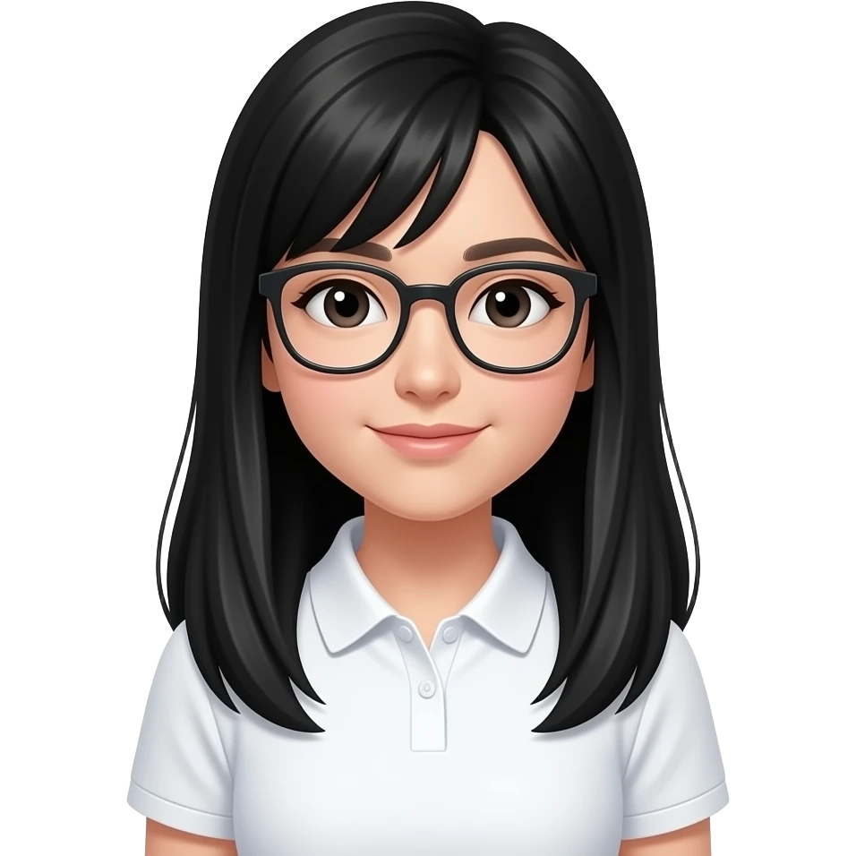 Girl with long black hair and no bangs covering forehead glasses and white polo shirt emoji