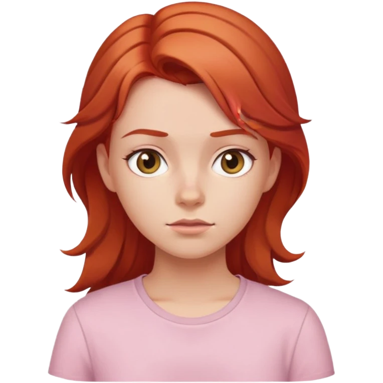 red haired girl with light pink shirt on side eyeing emoji
