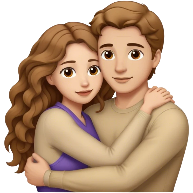 Hugging each other a couple. A man is short light brown hair,Brown eyes. A woman is long wavy brown hair,brown eyes. emoji