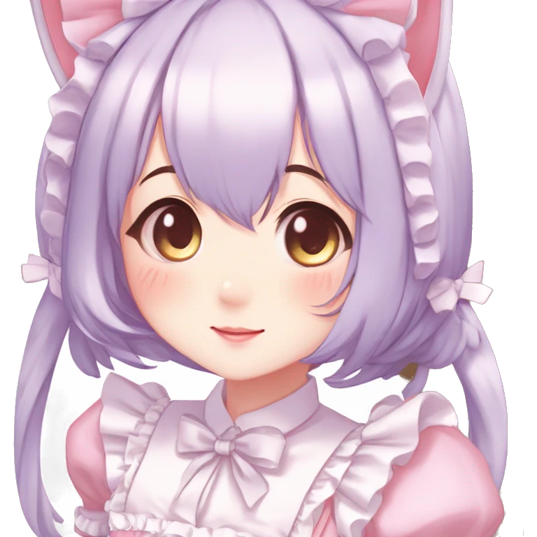 Gorgeous anime style catgirl blushing face maid outfit Lolita idol model colorful shiny sparkle kawaii pastelcore cottagecore pearly petite simplistic aesthetic trending style emoji
