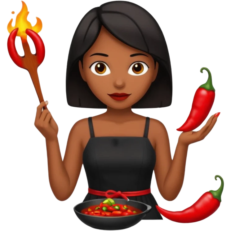 black short shoulder length hair tanned woman, black dress cooking, holding chili pepper emoji