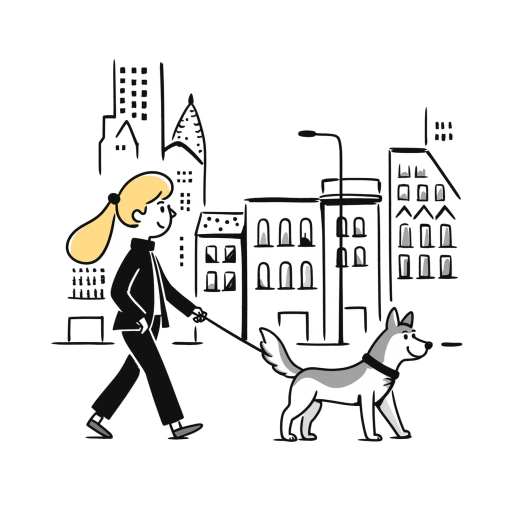 Blonde woman walking a happy Siberian husky in New York City on an upper east side city sidewalk  emoji