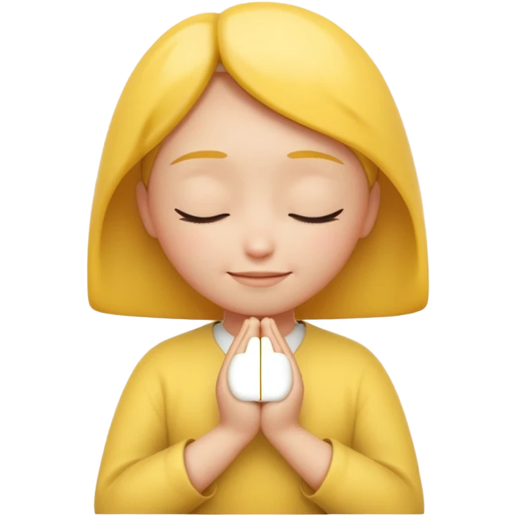 A 3D Apple-style yellow round emoji, calm and patient expression, closed eyes with a gentle smile, hands together in front as if waiting or praying, soft relaxed eyebrows, subtle glow around the head to symbolize patience, clean minimal background emoji