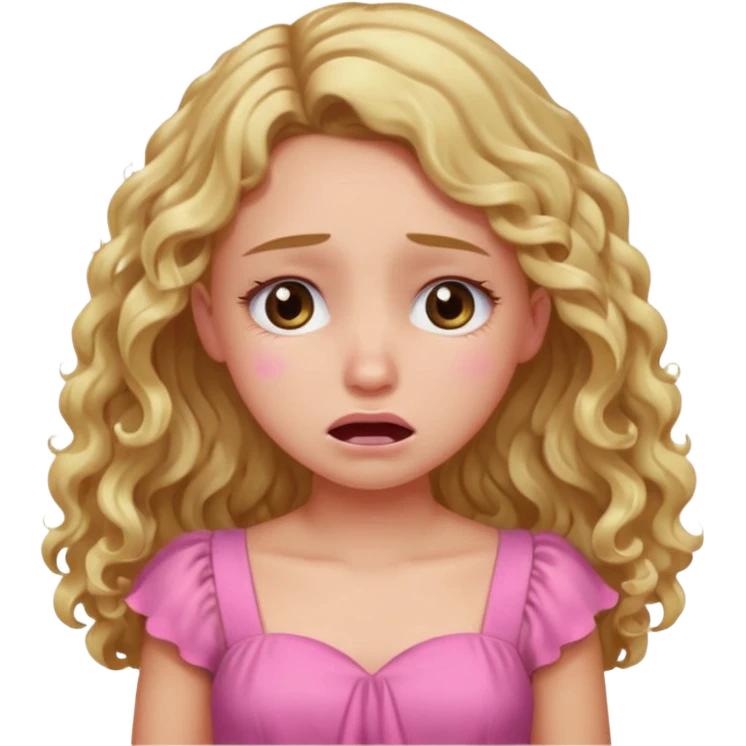 the girl is that criying she has brown eyes and blond long hair curly pink dress  emoji