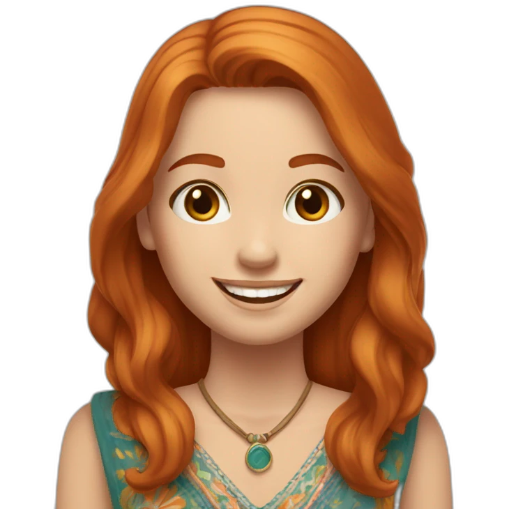 redhead white woman medium long straight hair, greets smiling, wearing boho dress emoji