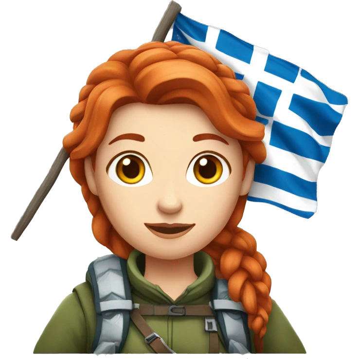red hair female winter mountaineer offering Easter eggs and Greek flag emoji