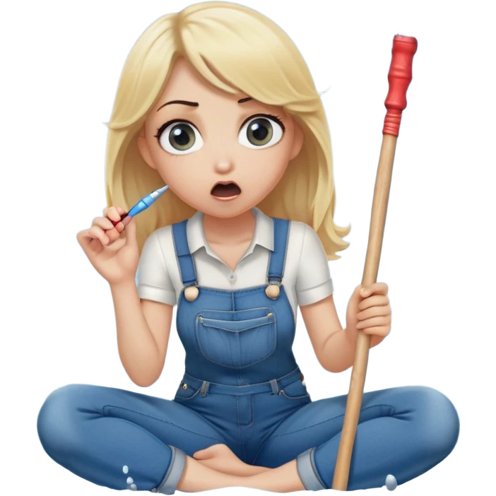 blond woman sitting on her knees with wide eyes, a human in jeans stands next to her, she's holding a wide skin-colored stick with a D-shaped knob, the stick and the nob have skin texture, water squirting from the knob into her mouth, shocked face emoji