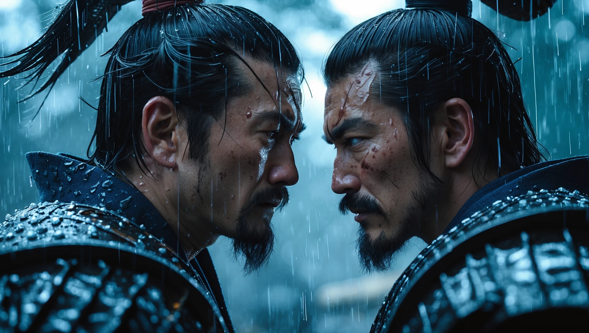 A cinematic scane of a two japan samurai face to face ready to fight during rain, Medium shot, deph composition, tense atmosphere, shot by arri alexa, interstellar look emoji