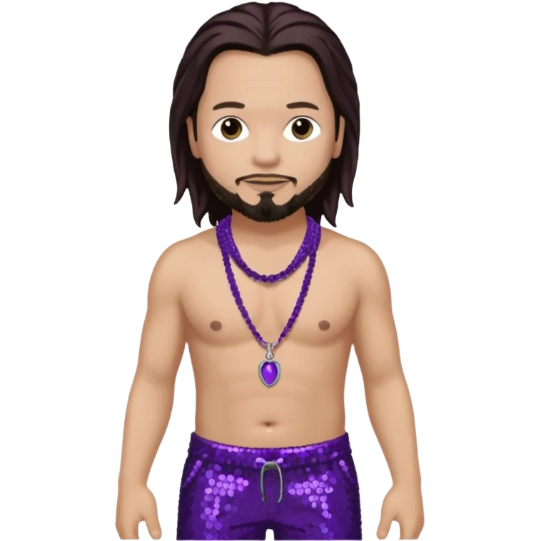 Jonathan Davis with purple sequin baggy pants, shirtless with necklace, long dark brown hair, light skin emoji