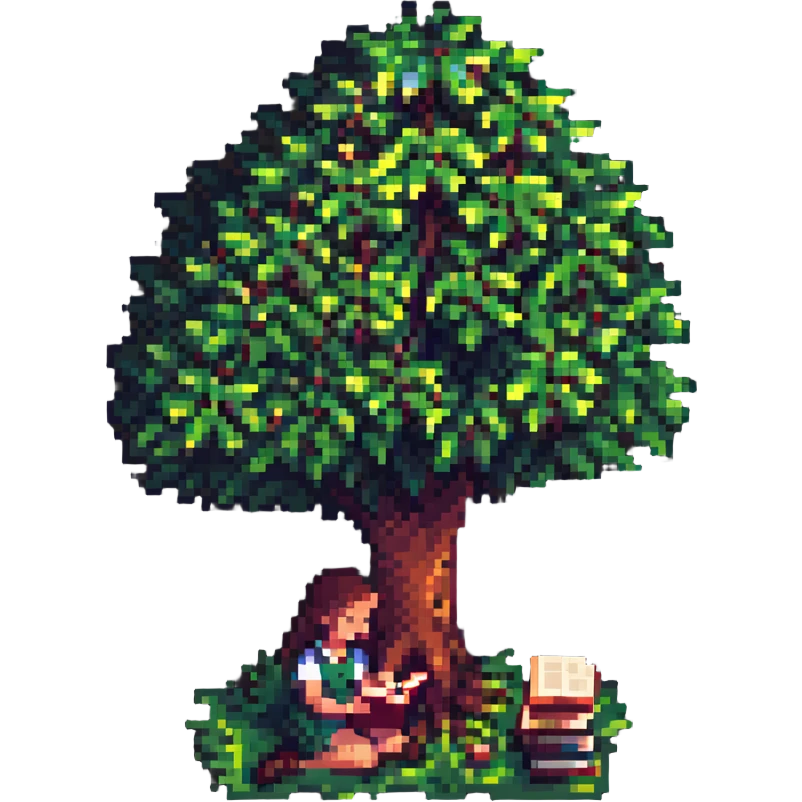 a girl reading a book beneath a tree, pixel art style emoji