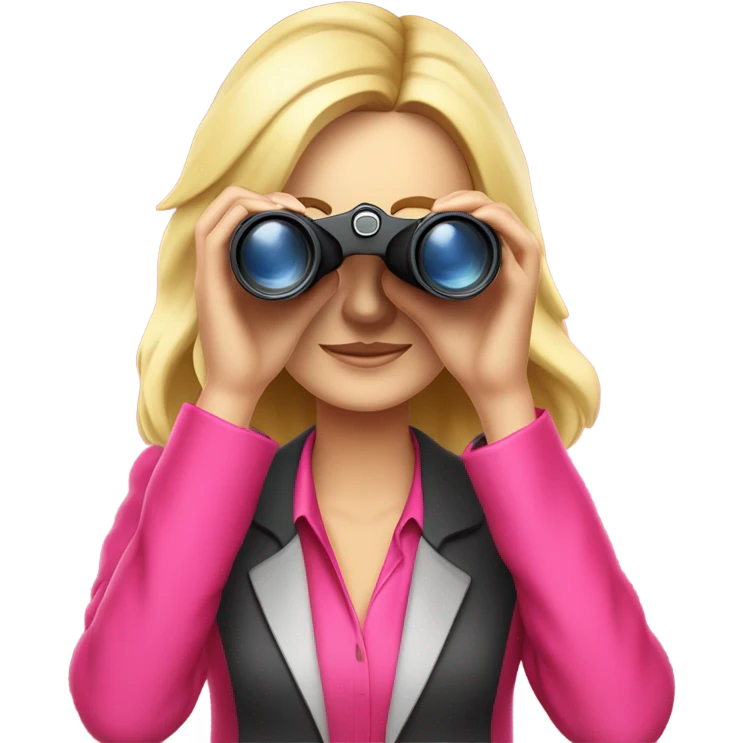 white female employee with pretty face and loose blonde hair wearing intensive color pink suit looking in binoculars. Upper-body only. Looking straight in front of camara emoji