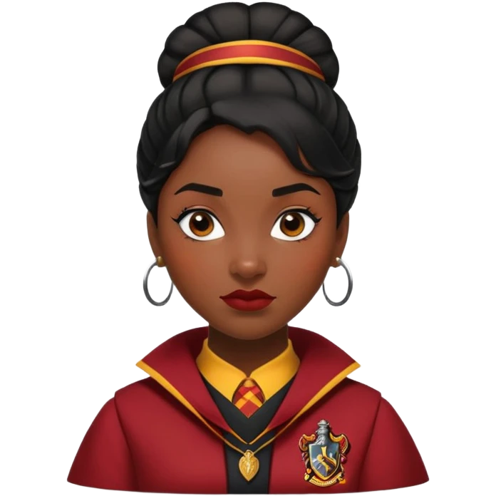 Angelina Johnson in harry potter, wear hogwarts gryfindor uniform,  thick, black bun hair , reflecting her bold, stylish, and strong personality emoji