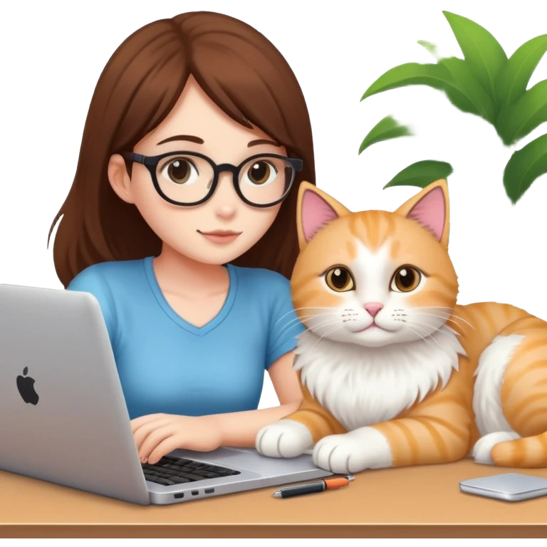 A girl is working on a laptop with a cat lying next to it emoji