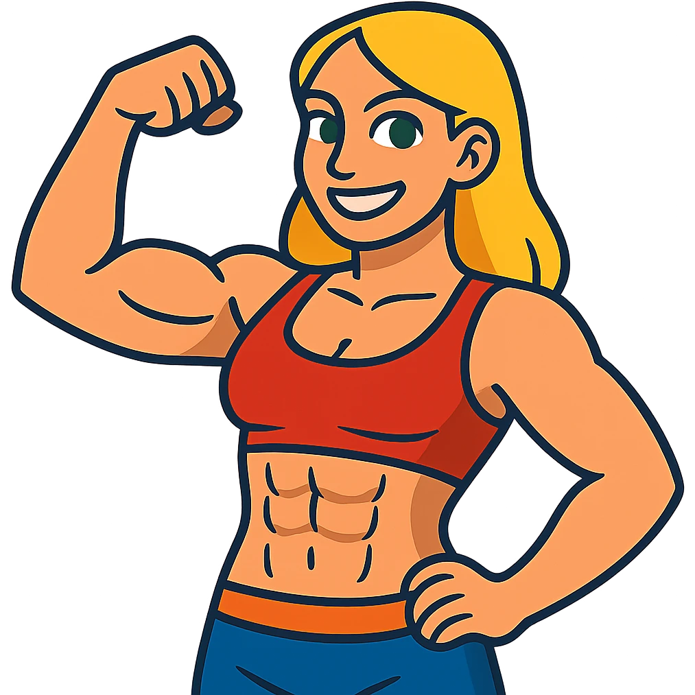 muscular white girl with blonde hair and green eyes, flexing 6 pack abs and one arm bicep emoji