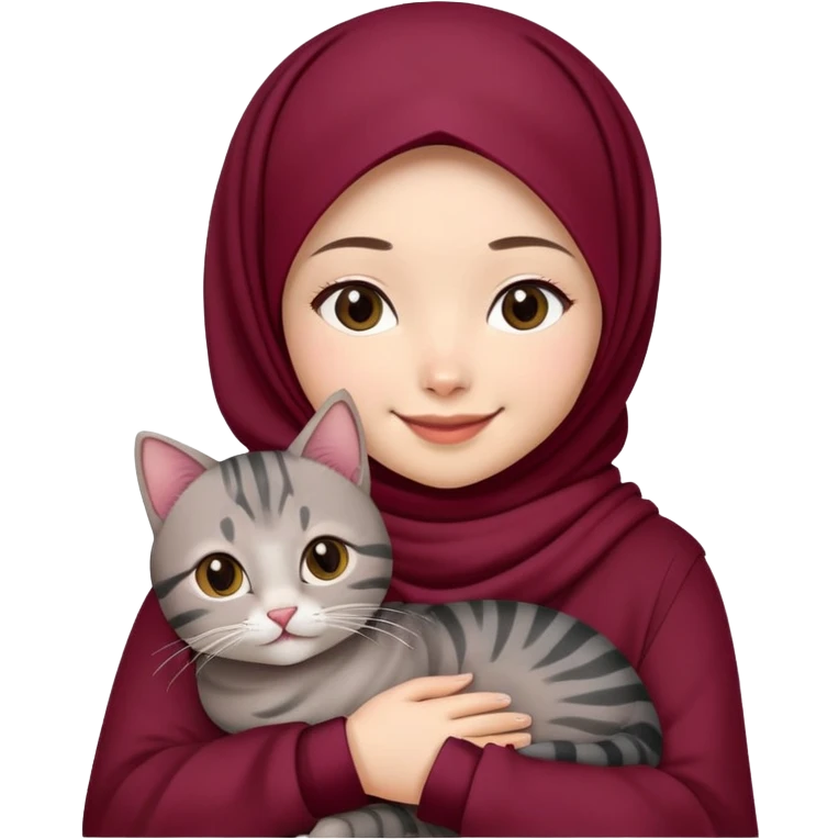 Asian White girl wearing cute maroon hijab holding a black grey tabby cat while smiling.  emoji