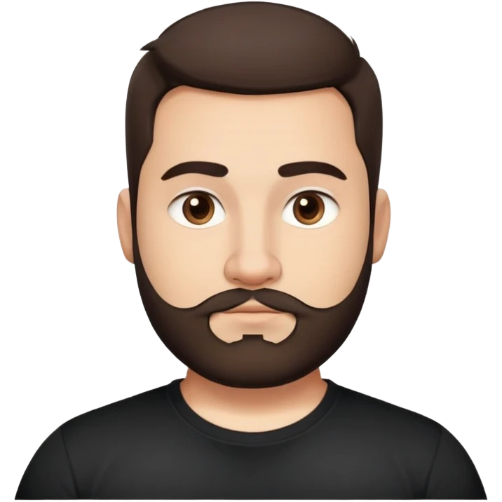 Fuller-figured man in his 30s with light brown skin, round face, full cheeks, medium dark brown eyes, thick eyebrows, wide nose, friendly expression, short full beard, short dark hair, wearing a black t-shirt emoji