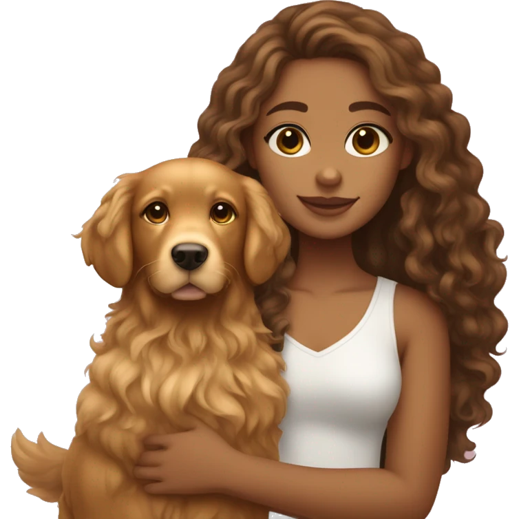 Tan skinned girl with  long brown curly hair with a golden retriever puppy emoji