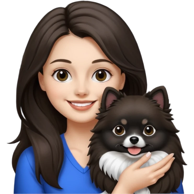 A woman who has brunette long hair is holding a black and white 1 Pomeranian dog who has black face but in the middle he has a white line from the nose emoji