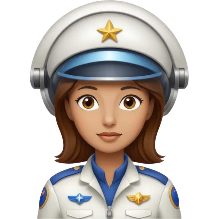 woman with brown hair and brown eyes.  space ship captain with white hat emoji