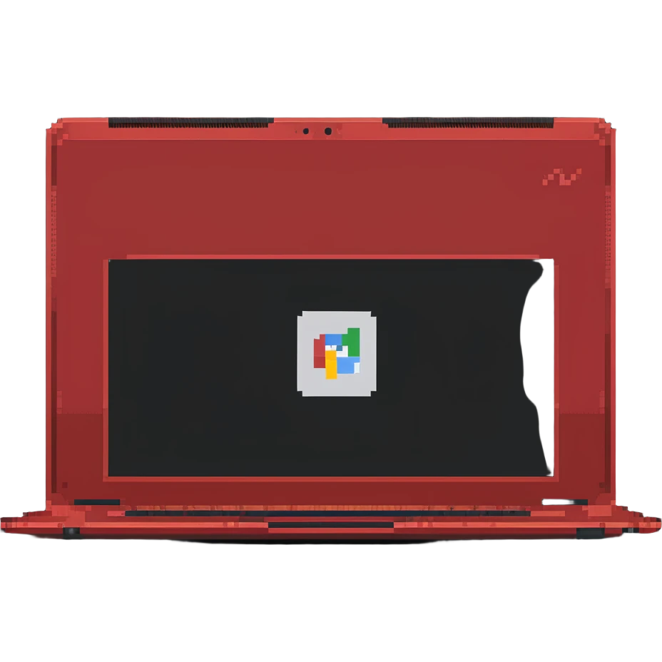 a red laptop having a logo that says cmv on the back of it emoji