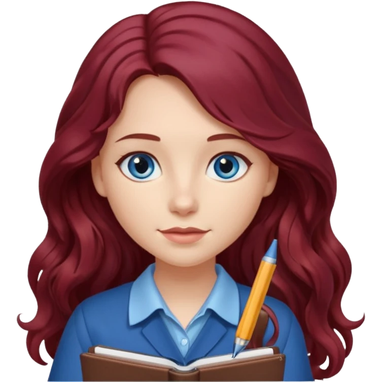 girl with long wavy burgundy hair, blue eyes and a notebook emoji