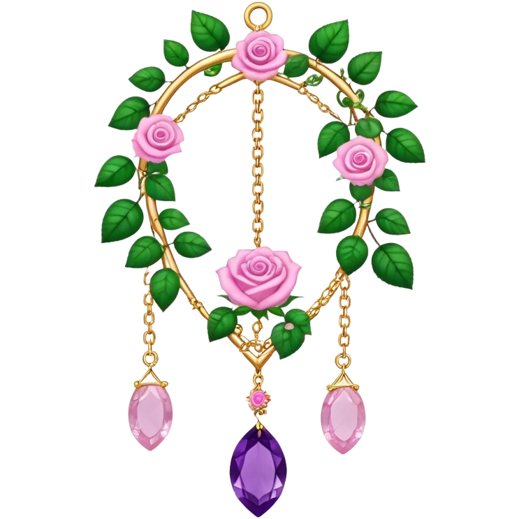 Hanging suncatcher, gold chains with shiny sparkly amethyst and rose-quartz gemstones, roses, beautiful leaves, gorgeous aesthetics emoji