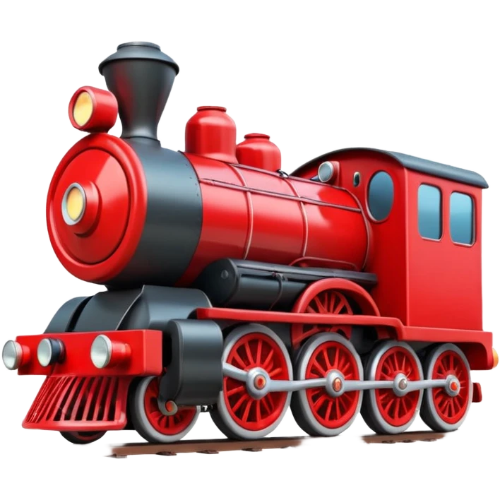 A 3D cartoon red train engine with headlights and wheels visible, realistic reflections, Memoji-style. emoji