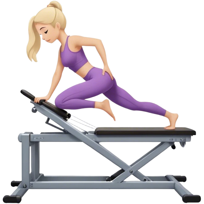 A girl doing a pilate exercize on her machine. We have a side view of her emoji